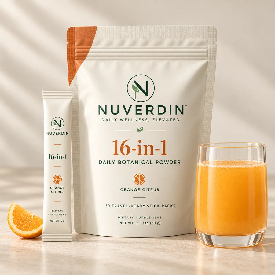 NUVERDIN 16-in-1 Daily Botanical Powder with Orange Citrus drink